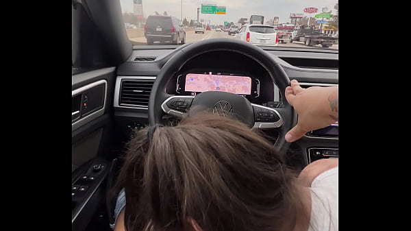 White girl giving me a blowjob while driving on the freeway