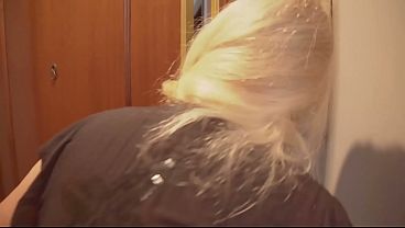Threesome of natural young blondie and brunette eating the same big cock